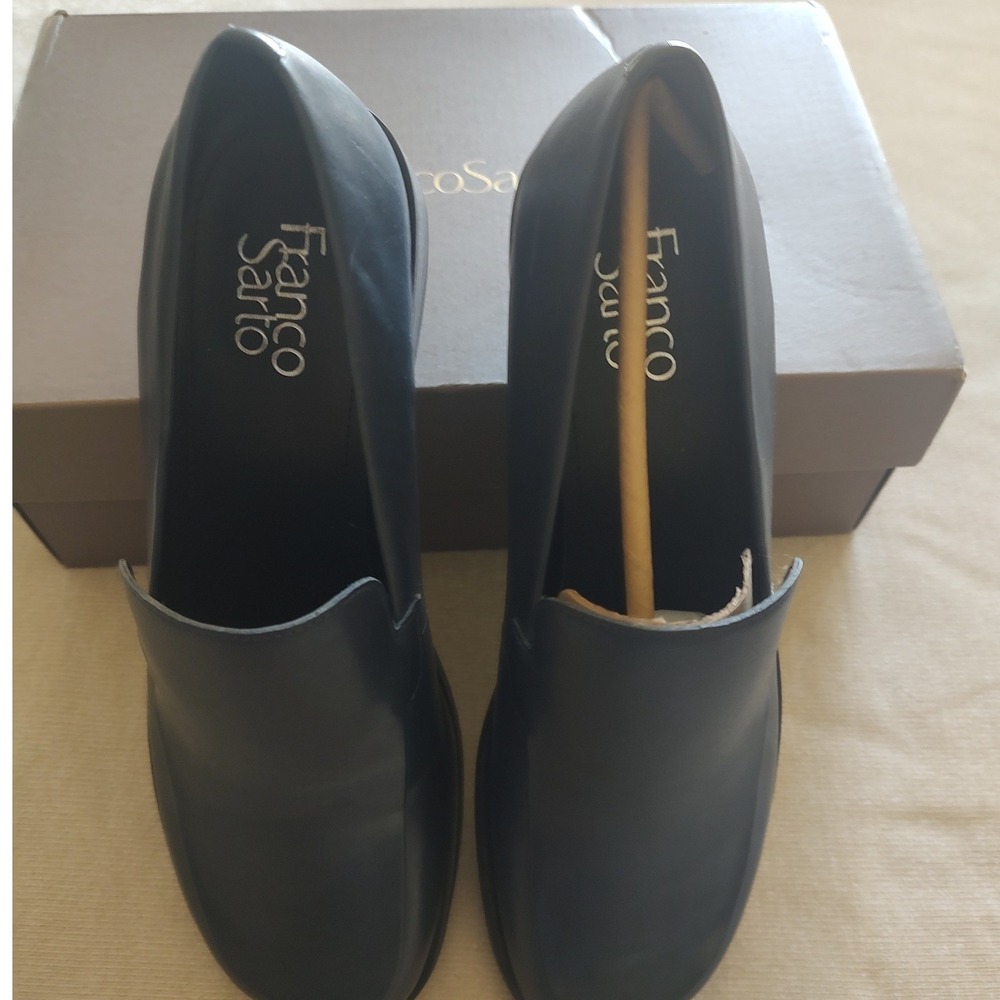 Franco Sarto Navy Blue Leather‎ Loafers Square Toe Slip On Flats Womens Shoes